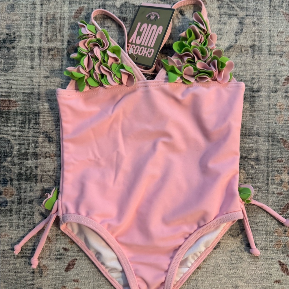 Juicy Couture Pink and Green One Piece baby infant Swimsuit with Ruffle Trim